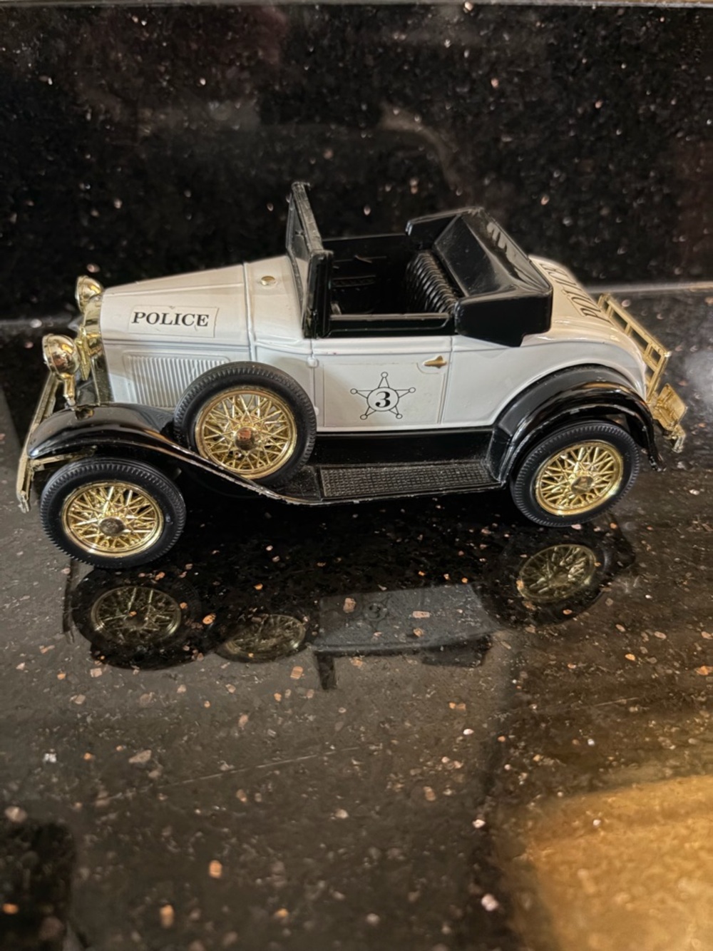 Vintage-Style Kids Police Car Toy - White & Black with Gold Wheels